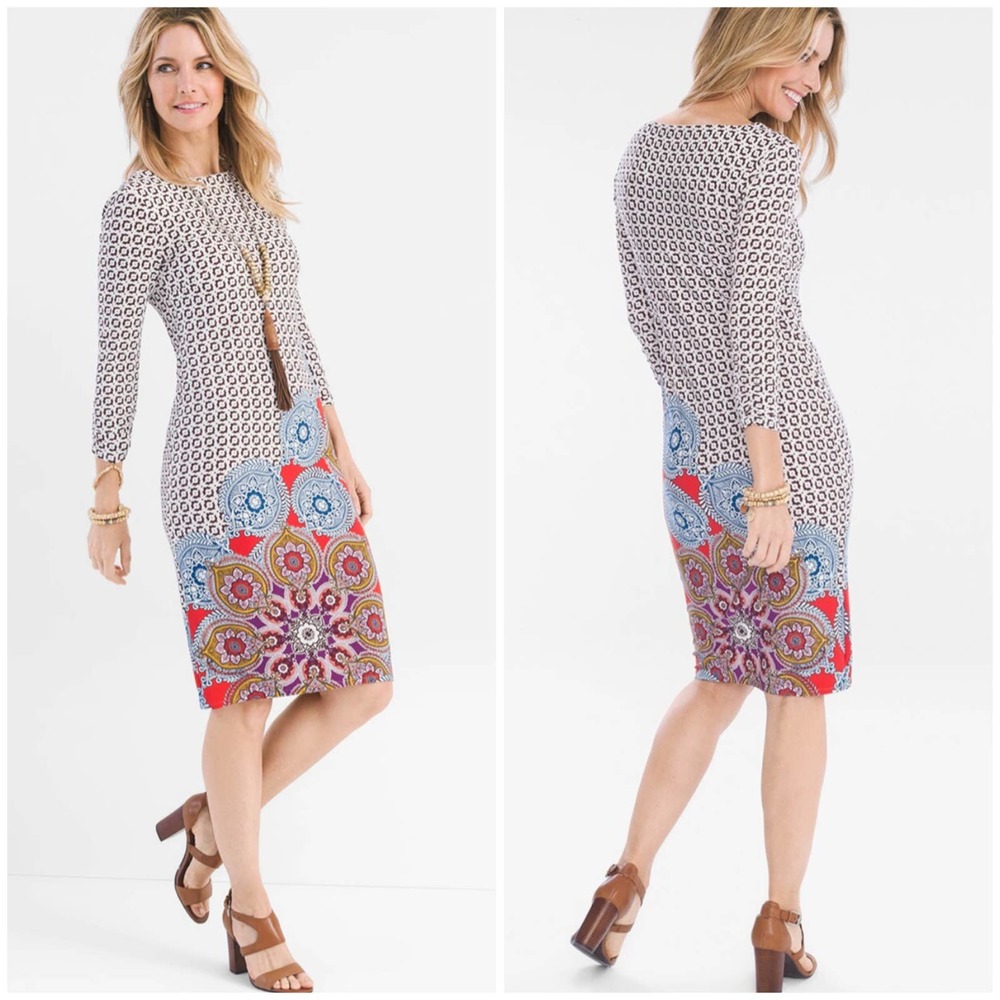 Chico's Printed Ruched Sleeve Shift Dress Knee Length Size 3/ XL